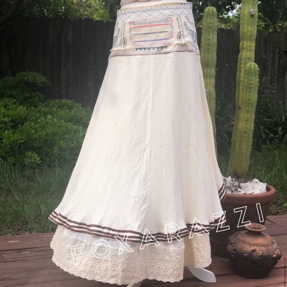 Boho Gypsy Cotton Embroidered Cream hi low Skirt - Picture 6 of 8